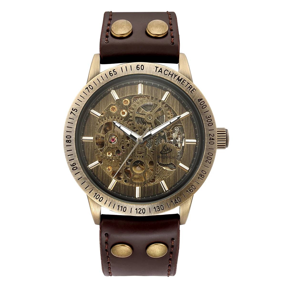 New Brown Strap Retro Steampunk Men's Mechanical Watch Locomotive Gear Literal Automatic Male Wristwatches Relogio Masculino.