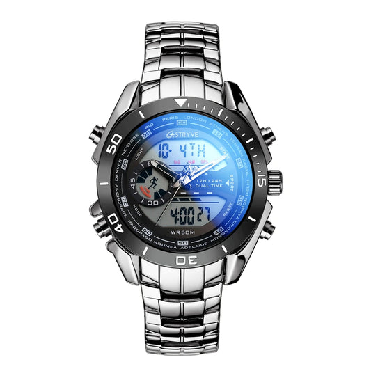 STYRVE 8019 Top Luxury Sports Men's Watch Dual Display Automatic Date Chronograph Imported Movement Waterproof Quartz Watch