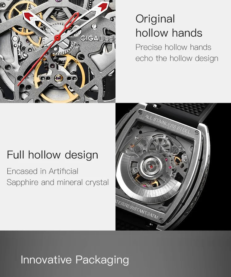 CIGA Design Z Series Men's Watch: Skeleton with Steel Case & Two Straps.