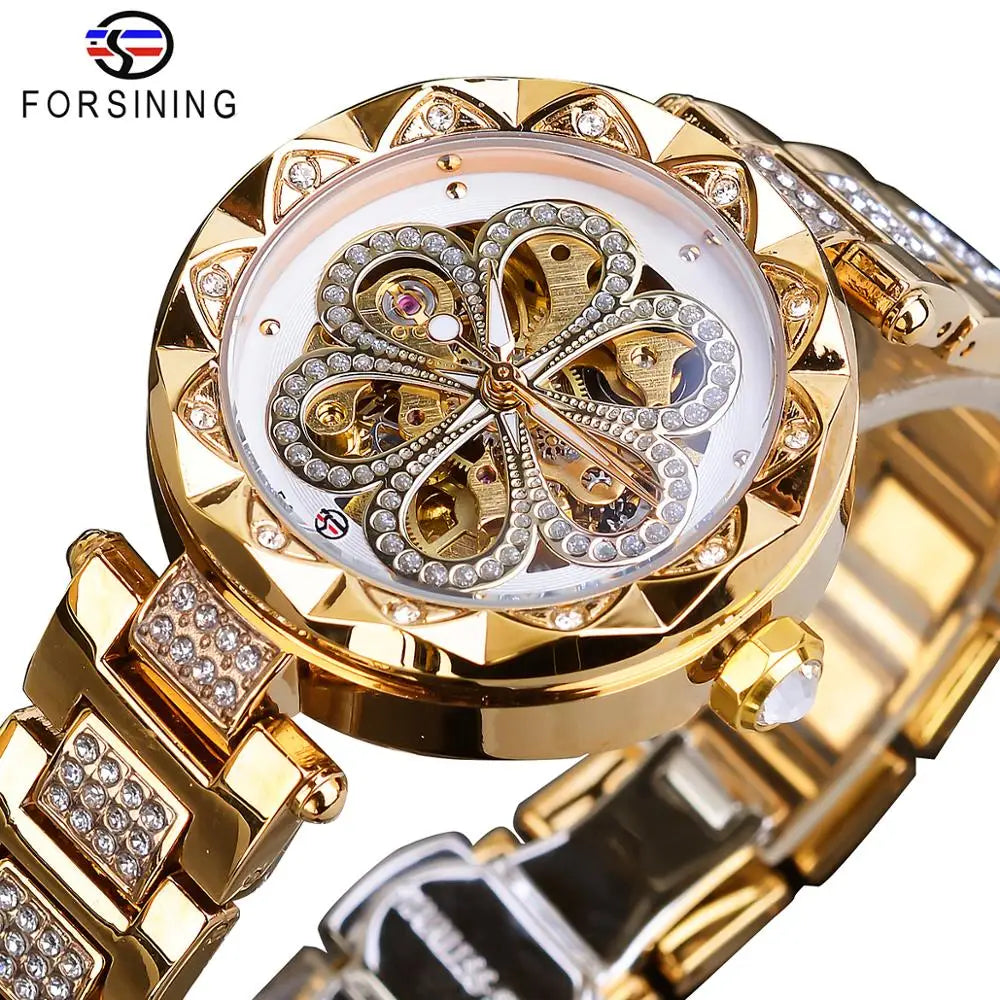 Forsining Elegant Fashion Women Automatic Mechanical Watches Luxury Diamond Stainless Steel Waterproof Ladies Stylish Wristwatch