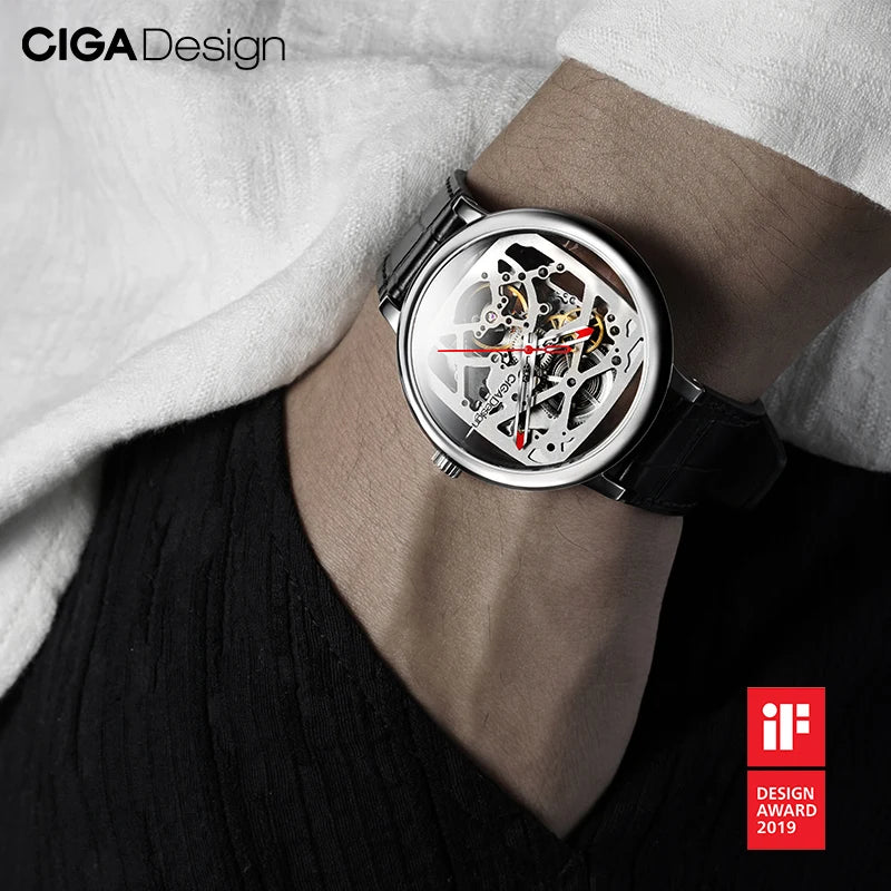 CIGA Design Men's Watch: Automatic Skeleton with Steel Case & Sapphire Crystal.