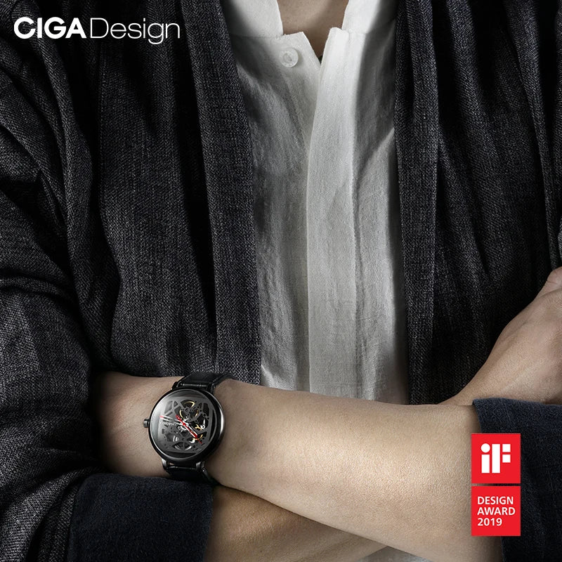 CIGA Design Men's Watch: Automatic Skeleton with Steel Case & Sapphire Crystal.