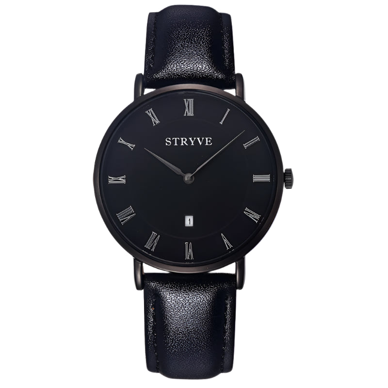 Montre-bracelet d'affaires pour hommes au design minimaliste en cuir noir avec calendrier et étanche Stryve Quartz pour hommes