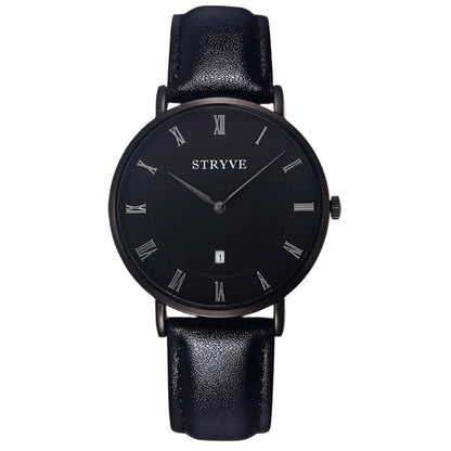 Montre-bracelet d'affaires pour hommes au design minimaliste en cuir noir avec calendrier et étanche Stryve Quartz pour hommes