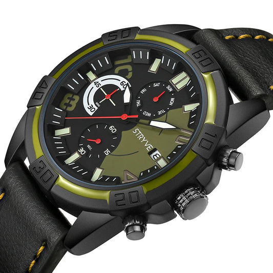 Stryve Brand 1001 Military Men's Sports Chronograph Date Clock Leather Waterproof Top Brand Luxury Quartz Men Watch montre homme