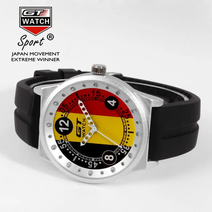 GT Watch men's sport quartz watch with a Germany flag dial and black silicone strap. A stylish and durable timepiece for everyday wear.