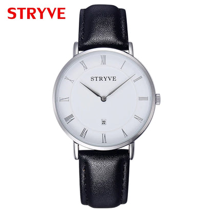 Montre-bracelet d'affaires pour hommes au design minimaliste en cuir noir avec calendrier et étanche Stryve Quartz pour hommes