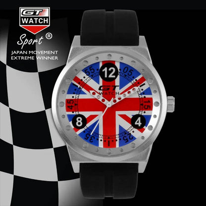 GT Watch men's sport quartz watch with a UK flag dial and black silicone strap. A stylish and durable timepiece for racing enthusiasts.