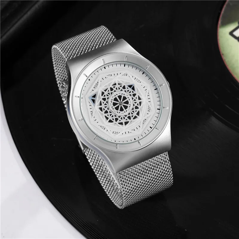Watches Men Fasion Turntable No Pointer Quartz Watch Clock Mesh Band Male Wristwatch Relogio Masculino Gift For Men.
