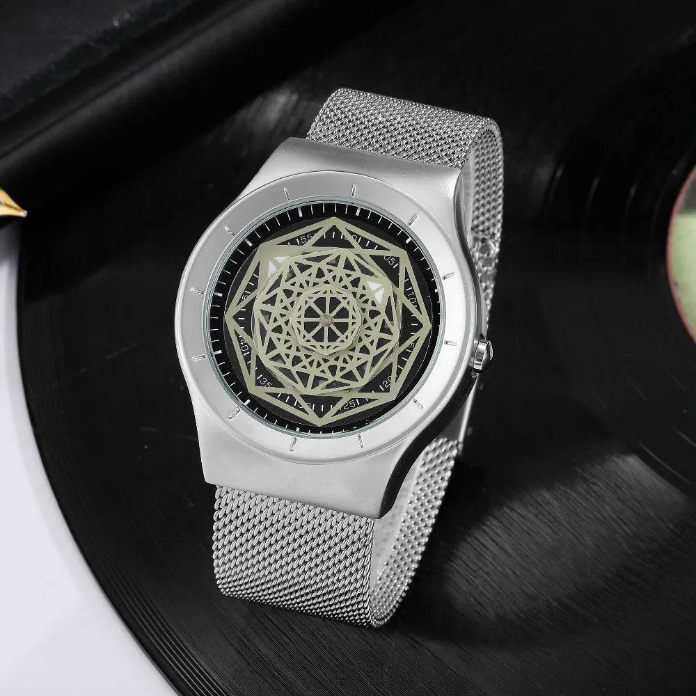 Watches Men Fasion Turntable No Pointer Quartz Watch Clock Mesh Band Male Wristwatch Relogio Masculino Gift For Men.