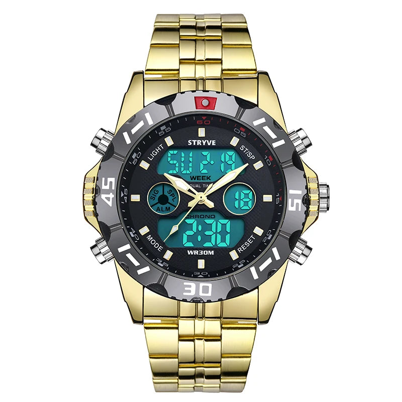 Stryve 8011 Brand Men's Sports Watch 30M Waterproof LED Quartz Dual Display Military Stainless Steel Band Men's Watches Hot Sale