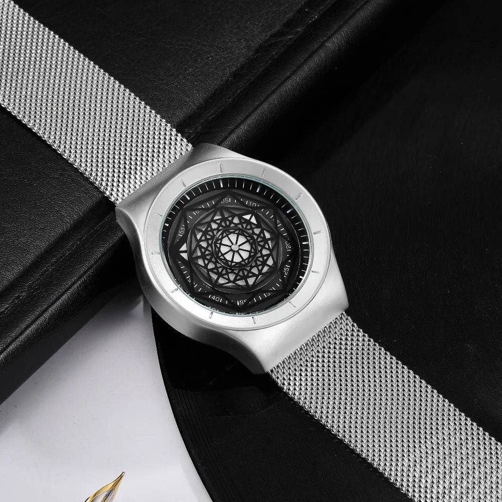 Watches Men Fasion Turntable No Pointer Quartz Watch Clock Mesh Band Male Wristwatch Relogio Masculino Gift For Men.