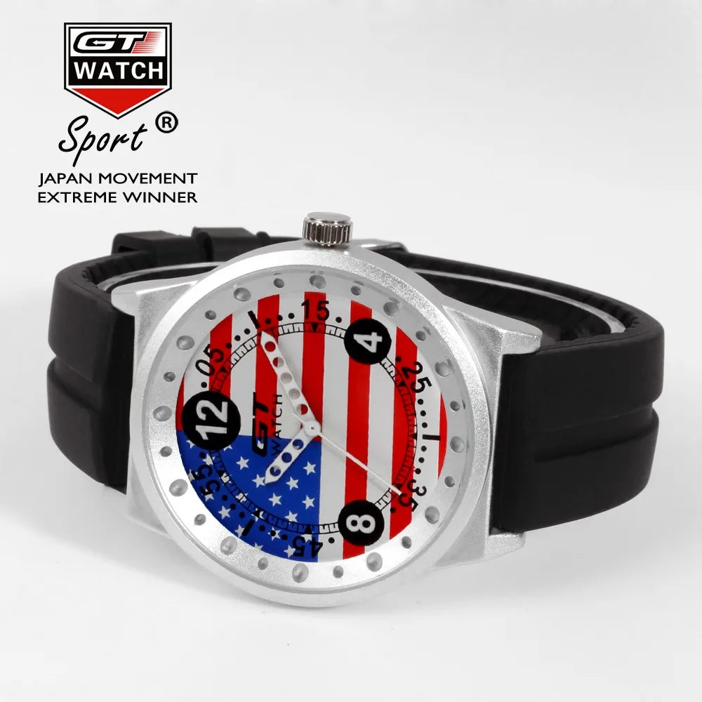 GT Watch men's sport quartz watch with a USA flag dial and black silicone strap. A bold and stylish timepiece for casual and sportswear.