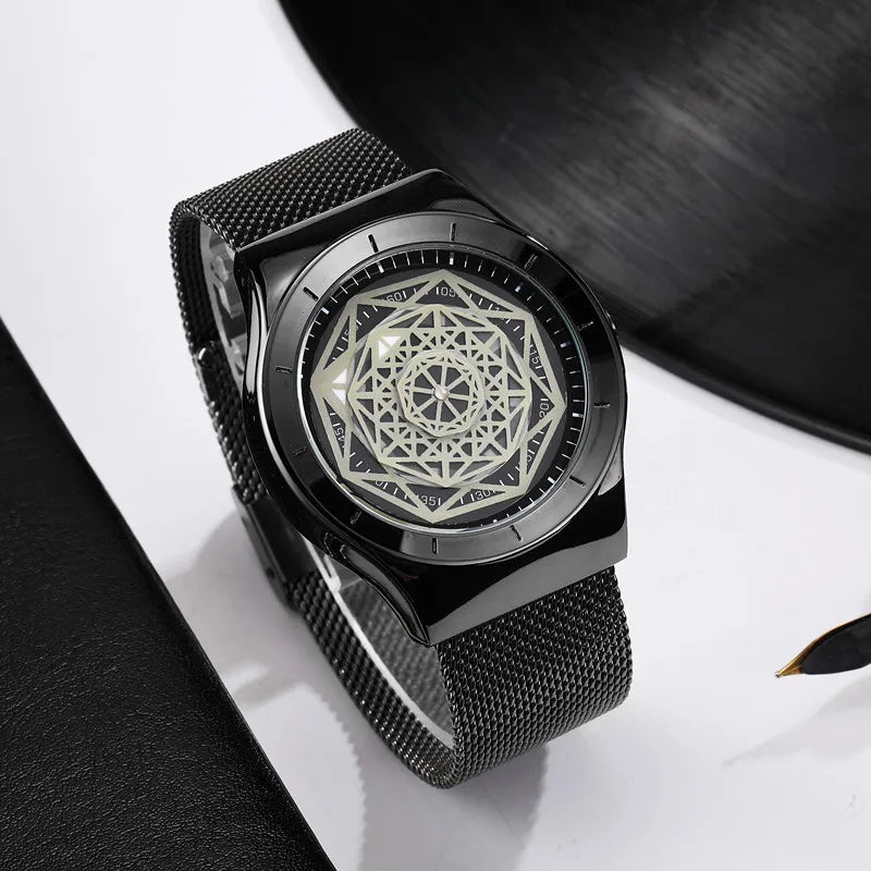 Watches Men Fasion Turntable No Pointer Quartz Watch Clock Mesh Band Male Wristwatch Relogio Masculino Gift For Men.