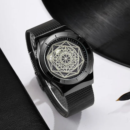 Watches Men Fasion Turntable No Pointer Quartz Watch Clock Mesh Band Male Wristwatch Relogio Masculino Gift For Men.