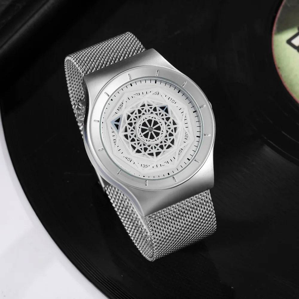 Watches Men Fasion Turntable No Pointer Quartz Watch Clock Mesh Band Male Wristwatch Relogio Masculino Gift For Men.