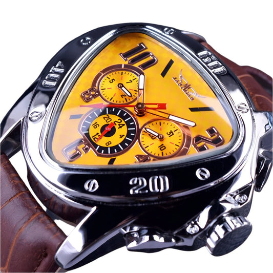 Jaragar Sport Fashion Design Geometric Triangle Case Brown Leather Strap 3 Dial Men Watch Top Brand Luxury Automatic Watch Clock