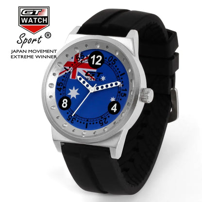 GT Watch men's sport quartz watch with an Australia flag dial and black silicone strap. A bold and stylish timepiece for casual and sportswear.