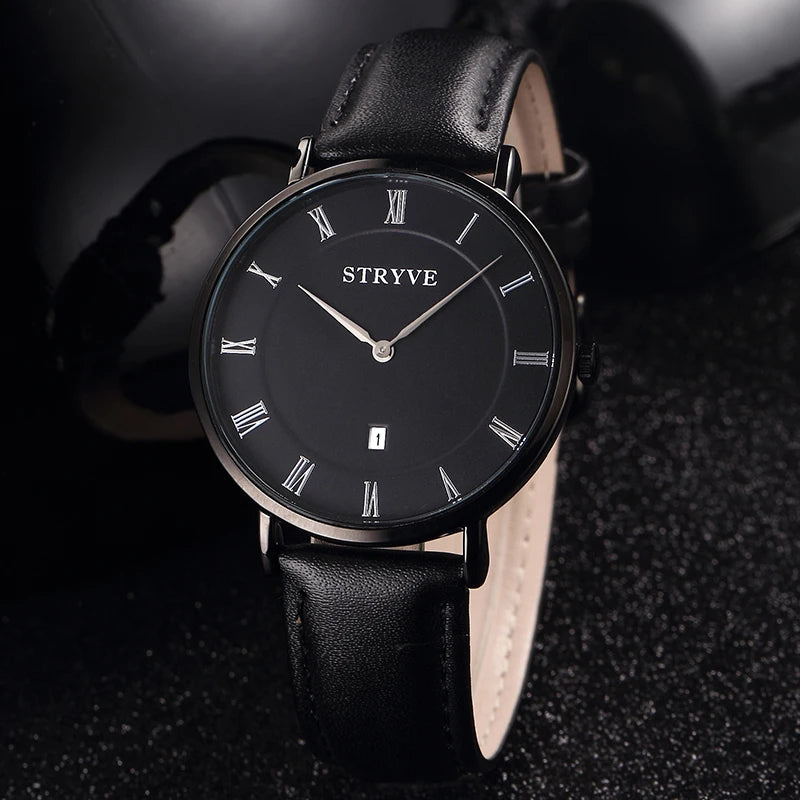 Montre-bracelet d'affaires pour hommes au design minimaliste en cuir noir avec calendrier et étanche Stryve Quartz pour hommes
