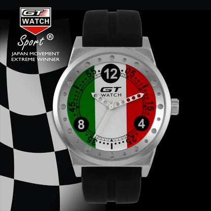 GT Watch men's sport quartz watch with an Italy flag dial and black silicone strap. A stylish and durable timepiece for racing enthusiasts.
