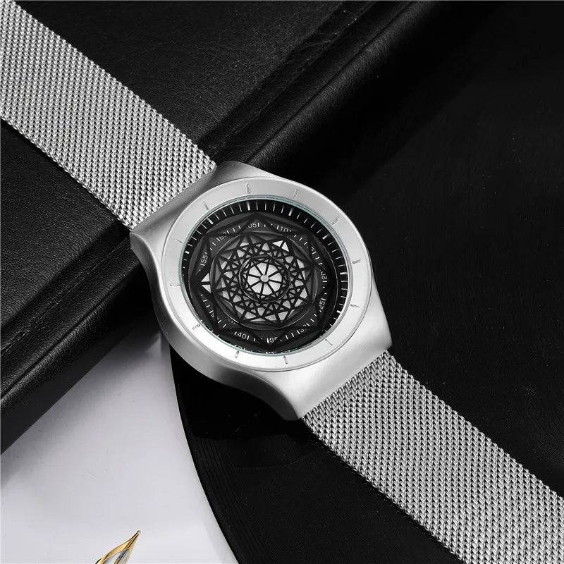 Watches Men Fasion Turntable No Pointer Quartz Watch Clock Mesh Band Male Wristwatch Relogio Masculino Gift For Men.