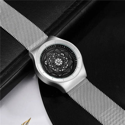Watches Men Fasion Turntable No Pointer Quartz Watch Clock Mesh Band Male Wristwatch Relogio Masculino Gift For Men.