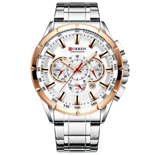 Men New CURREN Casual Sport Chronograph Men's Watch Stainless Steel Band Wristwatch Big Dial Quartz Clock with Luminous Pointers