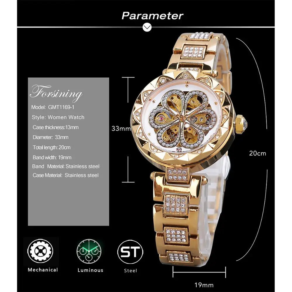 Forsining Elegant Fashion Women Automatic Mechanical Watches Luxury Diamond Stainless Steel Waterproof Ladies Stylish Wristwatch