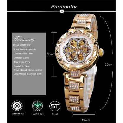 Forsining Elegant Fashion Women Automatic Mechanical Watches Luxury Diamond Stainless Steel Waterproof Ladies Stylish Wristwatch