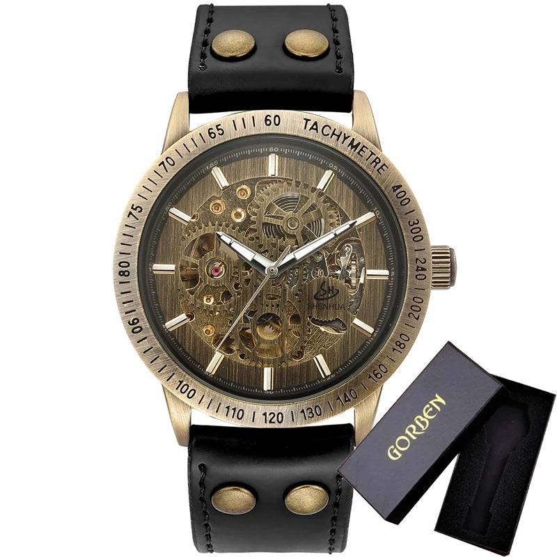 New Brown Strap Retro Steampunk Men's Mechanical Watch Locomotive Gear Literal Automatic Male Wristwatches Relogio Masculino.