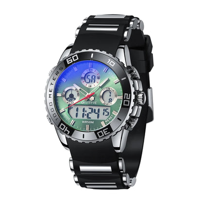 STRYVE 8023 Men's Watch Electronic Quartz Dual Movement Rubber Strap Date Week Luminous 50M Water Resistant Fashion Sports Watch