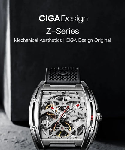 CIGA Design Z Series Men's Watch: Skeleton with Steel Case & Two Straps.