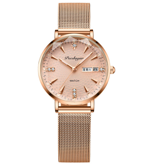 POEDAGAR Women Watches High Quality Japan Quartz Fashion  Stainless Steel Mesh Simple Rhinestones Rose Gold Ladies Watch