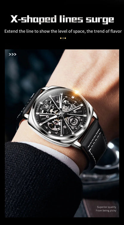 Montre automatique OLEVS 6685 pour homme, squelette doré, acier inoxydable, bracelet en cuir, étanche, sport, montres-bracelets mécaniques pour hommes