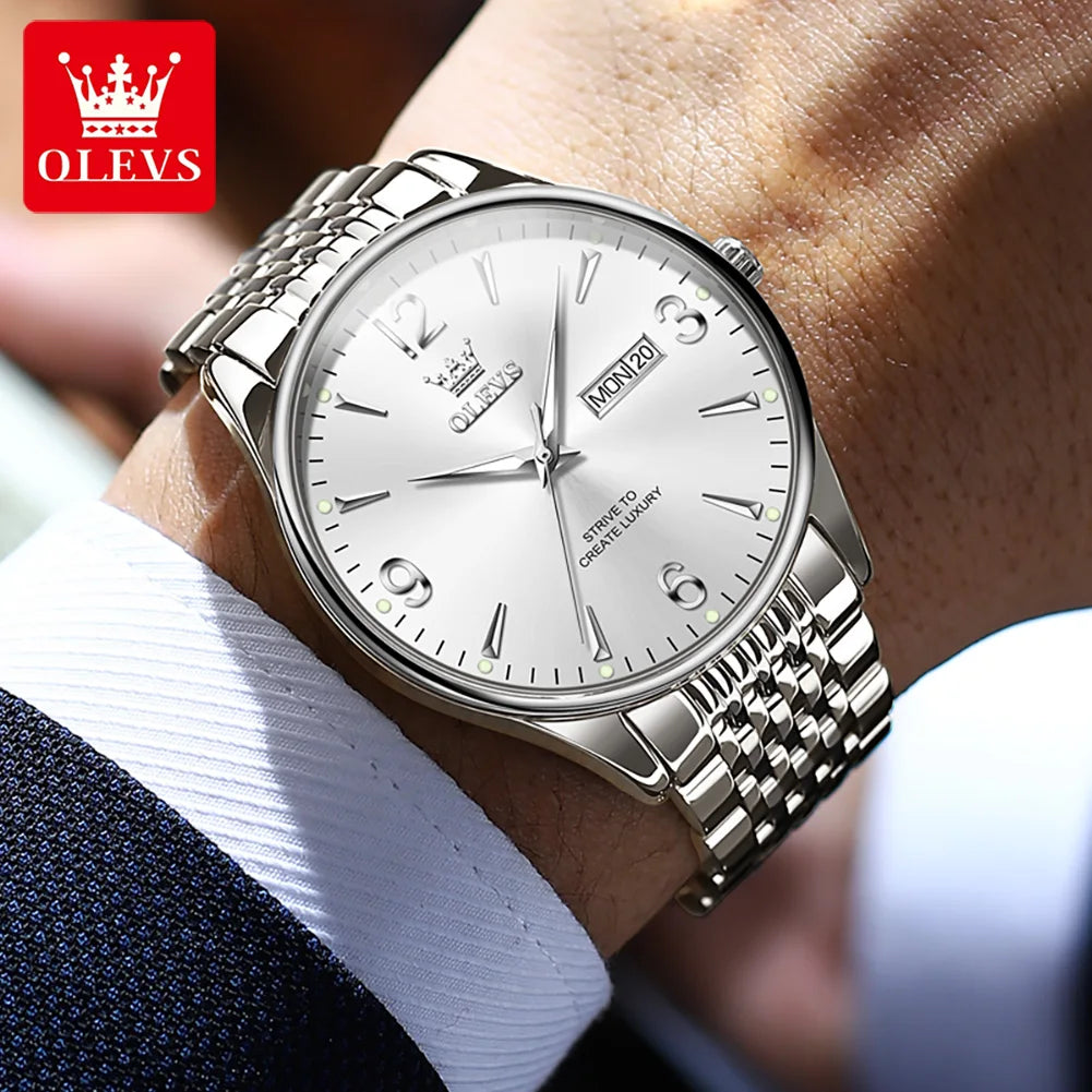 Montre de luxe pour homme OLEVS - Montre à quartz classique et décontractée - En acier inoxydable - Étanche - Avec semaine et date