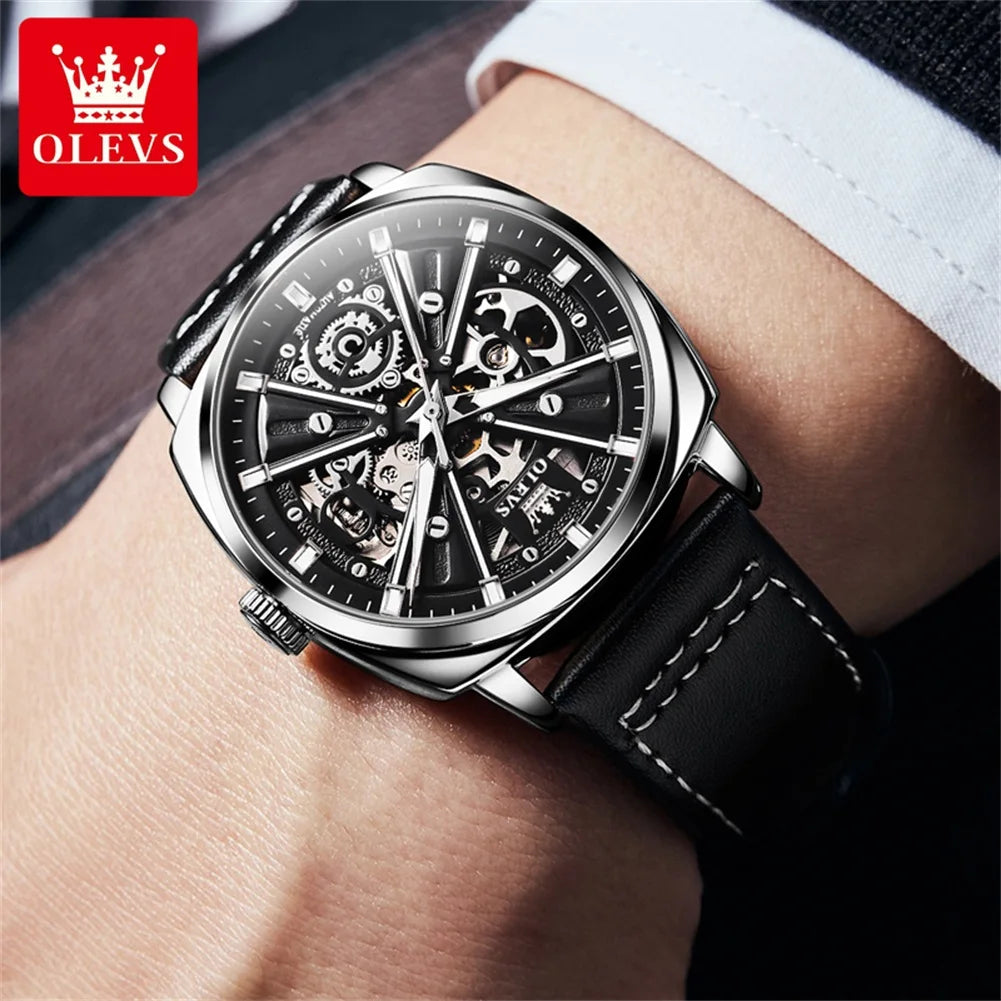 Montre automatique OLEVS 6685 pour homme, squelette doré, acier inoxydable, bracelet en cuir, étanche, sport, montres-bracelets mécaniques pour hommes