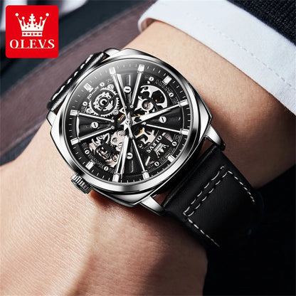 Montre automatique OLEVS 6685 pour homme, squelette doré, acier inoxydable, bracelet en cuir, étanche, sport, montres-bracelets mécaniques pour hommes