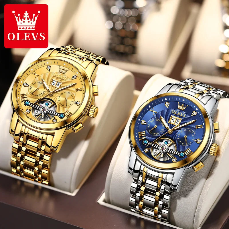 Montre mécanique automatique originale OLEVS 9910 pour hommes Tourbillon Skeleton Design Montre-bracelet pour hommes en acier inoxydable Phase de lune