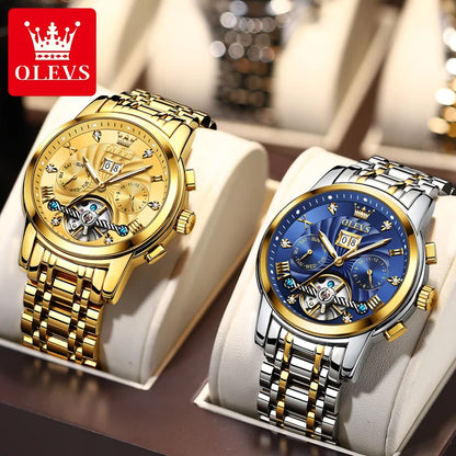 Montre mécanique automatique originale OLEVS 9910 pour hommes Tourbillon Skeleton Design Montre-bracelet pour hommes en acier inoxydable Phase de lune