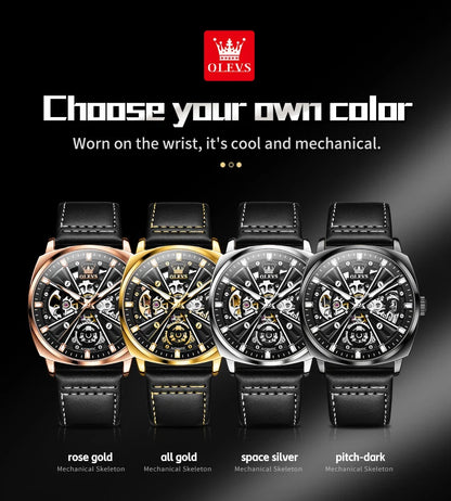 Montre automatique OLEVS 6685 pour homme, squelette doré, acier inoxydable, bracelet en cuir, étanche, sport, montres-bracelets mécaniques pour hommes