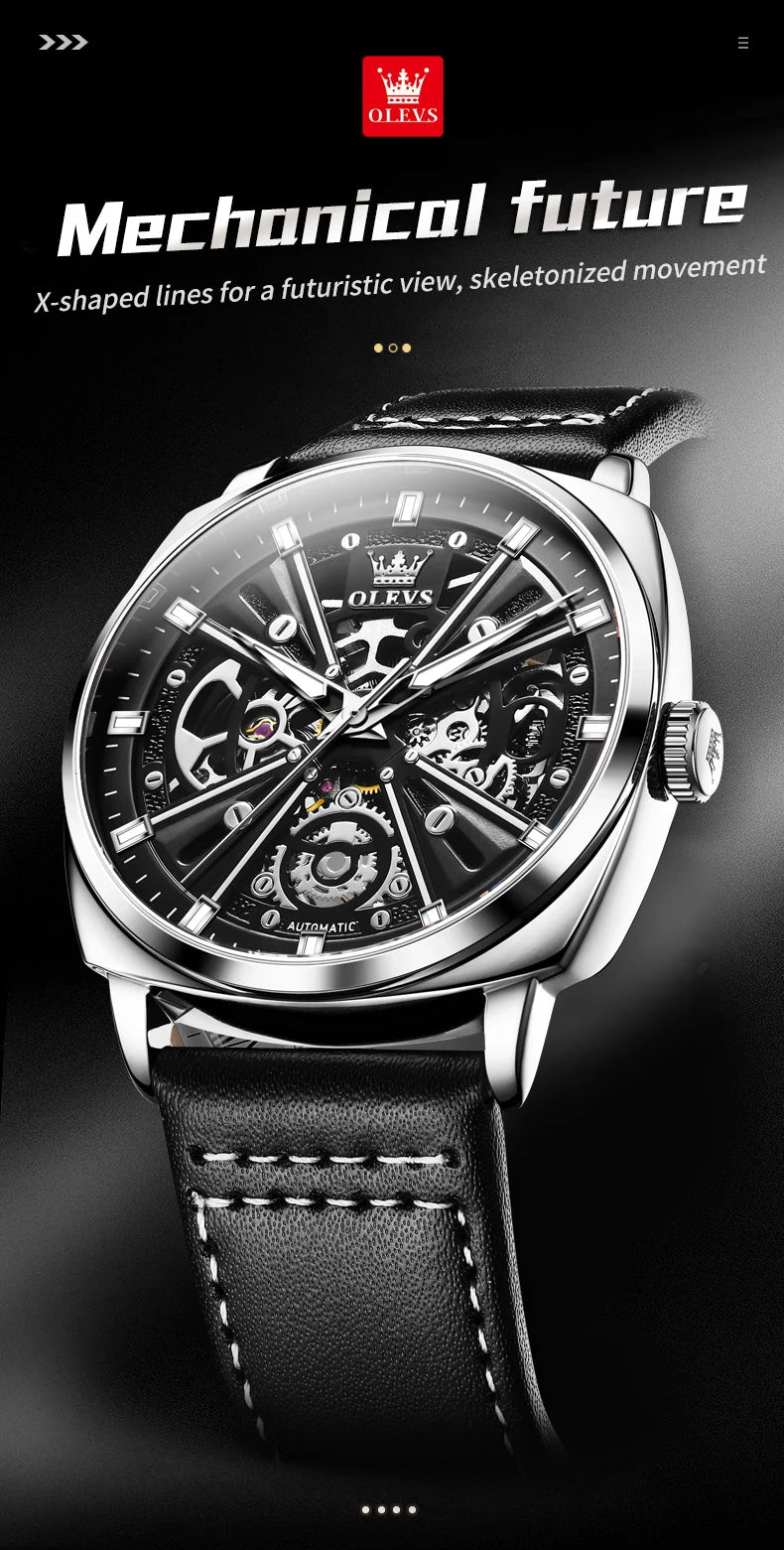 Montre automatique OLEVS 6685 pour homme, squelette doré, acier inoxydable, bracelet en cuir, étanche, sport, montres-bracelets mécaniques pour hommes