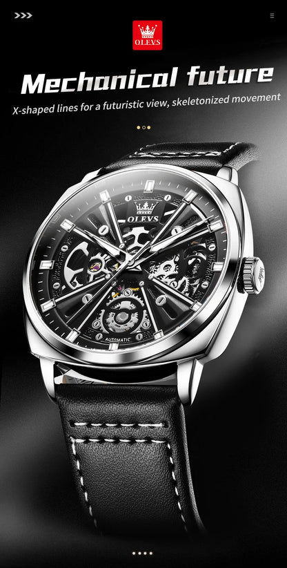 Montre automatique OLEVS 6685 pour homme, squelette doré, acier inoxydable, bracelet en cuir, étanche, sport, montres-bracelets mécaniques pour hommes
