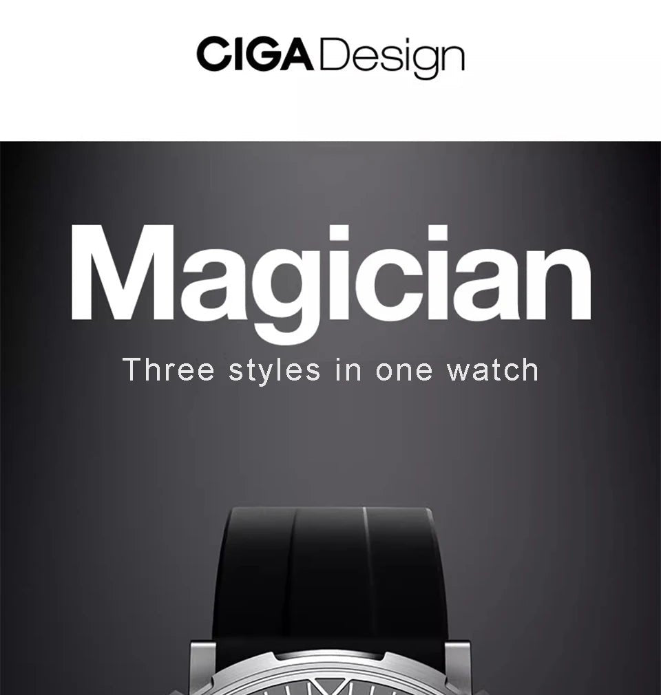 CIGA Design Magician Series Men's Watch: 3-in-1 Skeleton with Steel Case & Fluororubber Strap.