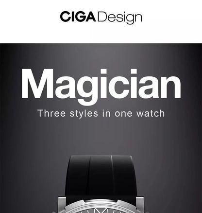 CIGA Design Magician Series Men's Watch: 3-in-1 Skeleton with Steel Case & Fluororubber Strap.