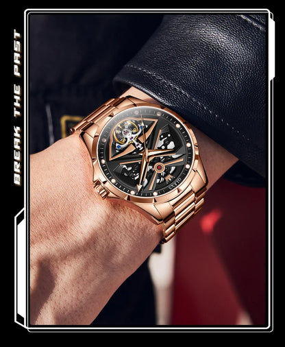 Montre automatique OLEVS pour homme squelette original lumineux étanche bracelet en cuir acier inoxydable montre mécanique pour homme or rose