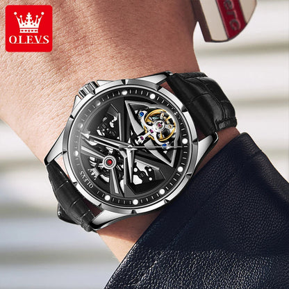 Montre automatique OLEVS pour homme squelette original lumineux étanche bracelet en cuir acier inoxydable montre mécanique pour homme or rose