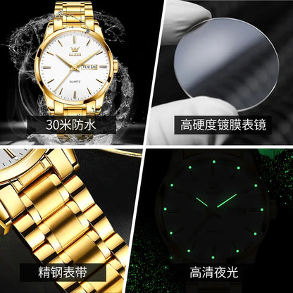 Montres-bracelets classiques en or OLEVS pour montre-bracelet à quartz pour hommes en cuir de luxe de marque supérieure, étanche et lumineuse en acier inoxydable