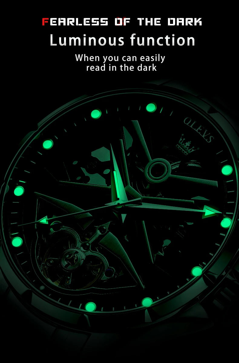 Montre automatique OLEVS pour homme squelette original lumineux étanche bracelet en cuir acier inoxydable montre mécanique pour homme or rose