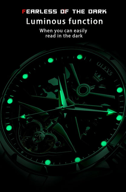 Montre automatique OLEVS pour homme squelette original lumineux étanche bracelet en cuir acier inoxydable montre mécanique pour homme or rose
