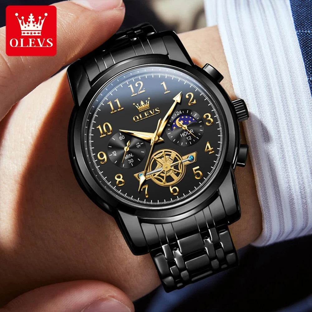 OLEVS Men's Watches Multifunctional Wristwatch for Men Waterproof Stainless Steel Luminous Flywheel Design Man Watch 2024 New